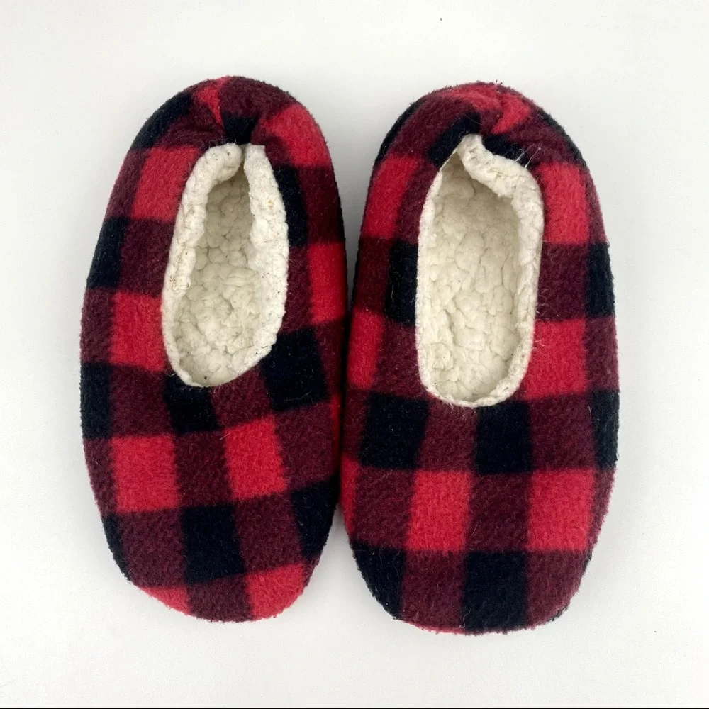 Buffalo Check Plaid Flannel Slippers Sherpa-Lined Rubber Grip Bottom House Shoe